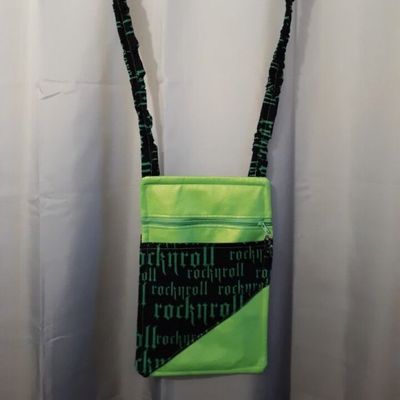 New ROCK N ROLL Vinyl Crossbody Purse Shoulder Bag Black Bright Green Punk Rave - Picture 1 of 10